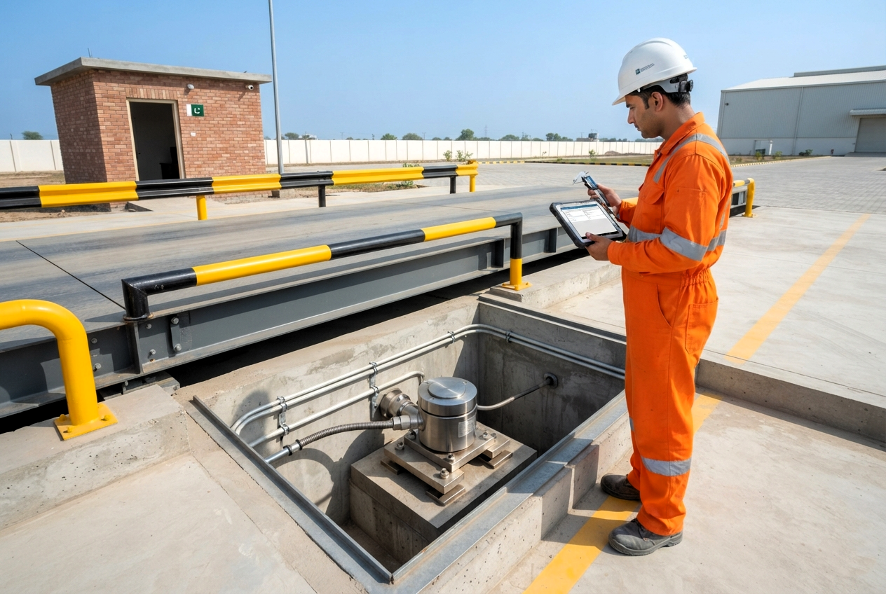 Technician checking a weighbridge load-cell mount and cable route beside an isolated platform.