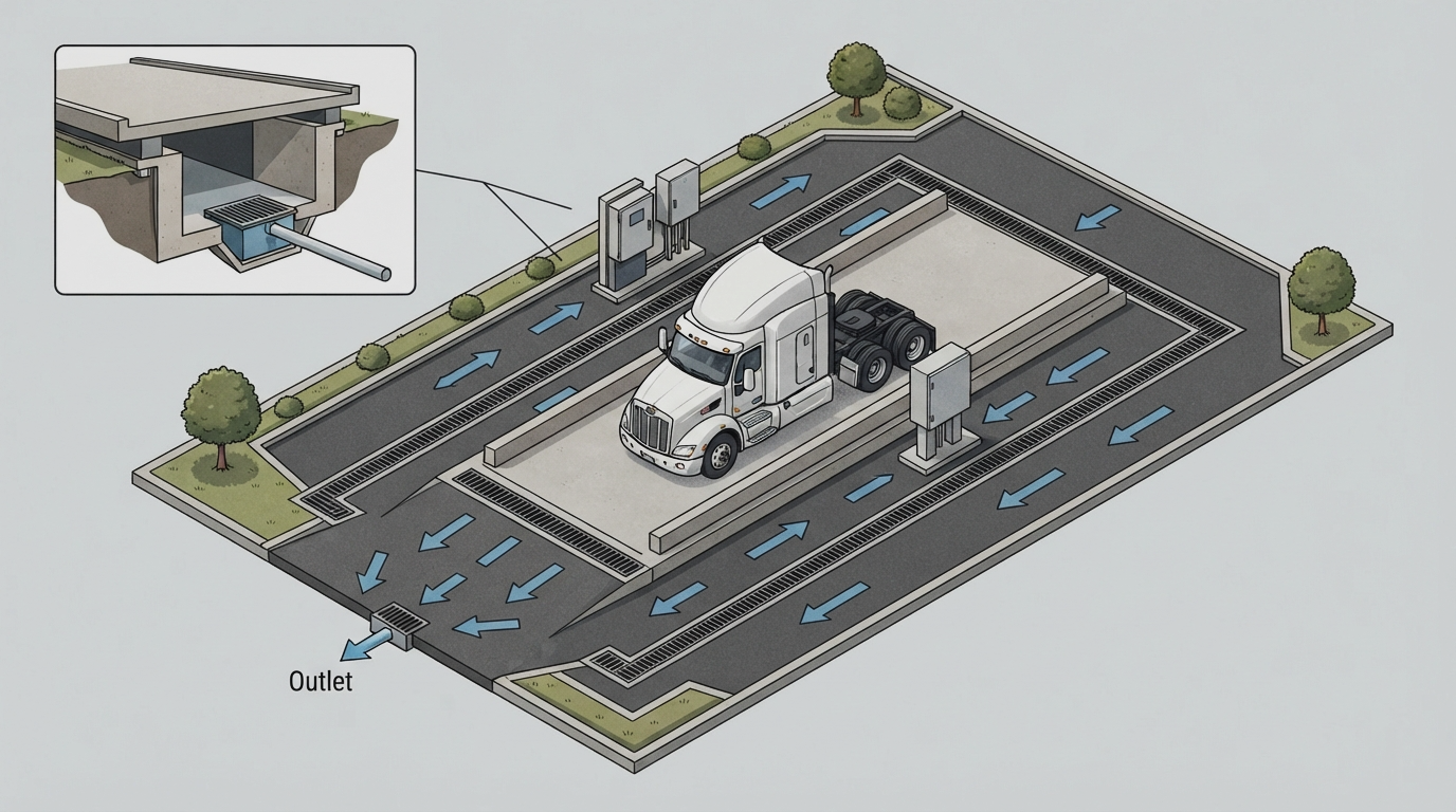 Conceptual drainage illustration showing surface runoff routes and a collection point beneath a pit weighbridge
