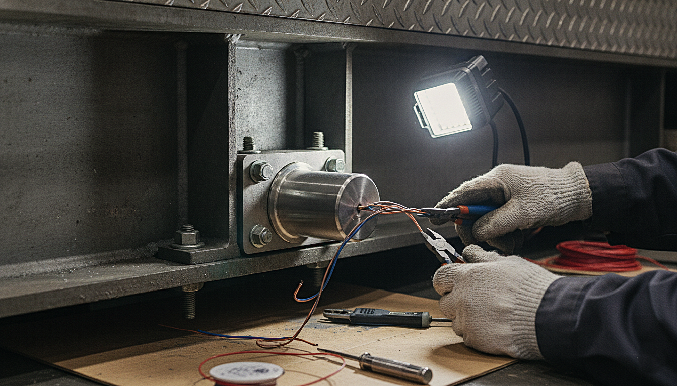 Technician repairing a load cell and wiring a junction box on an industrial platform scale