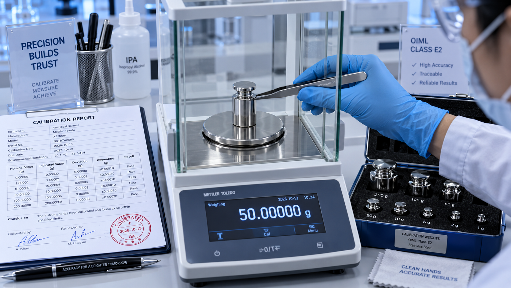 Technician placing a certified test weight into an analytical balance draft shield.