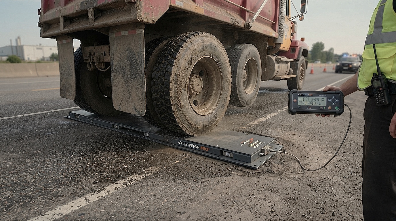 Portable axle weighing pads performing axle weight checks alongside a truck weighbridge Pakistan setup.