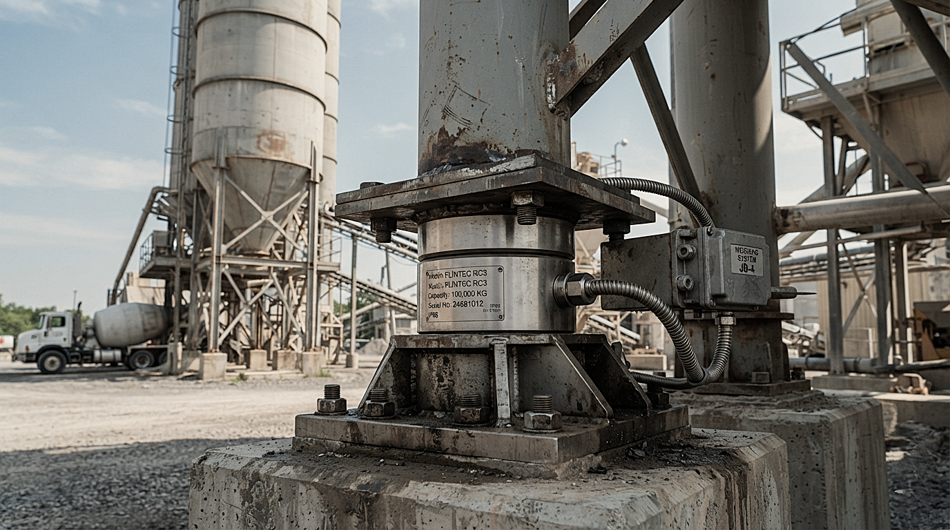 Heavy industrial cement silo tank weighing module using a compression type load cell.