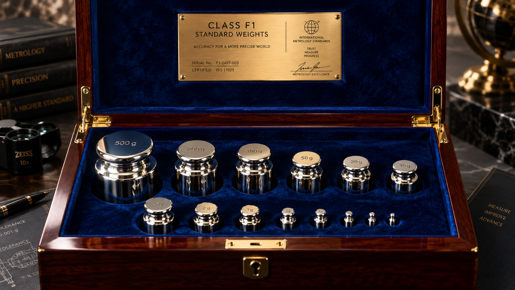 pen wooden velvet-lined case containing a certified set of brass and chrome calibration weights.