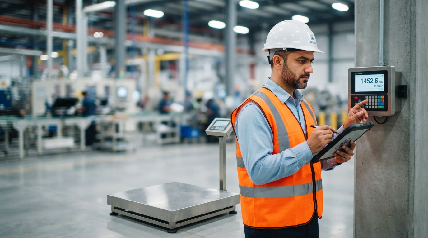 Industrial plant engineer inspecting digital weighing scales in Pakistan for factory use.