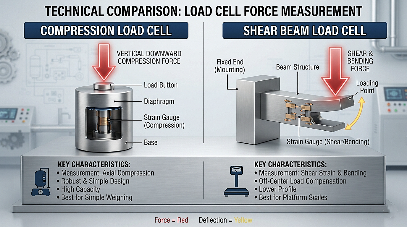 Technical diagram comparing a compression type load cell force direction against a shear beam load cell.