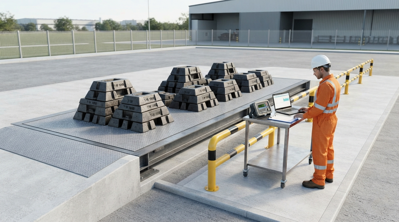 Technician reviewing commissioning records beside a weighbridge carrying test-weight blocks.