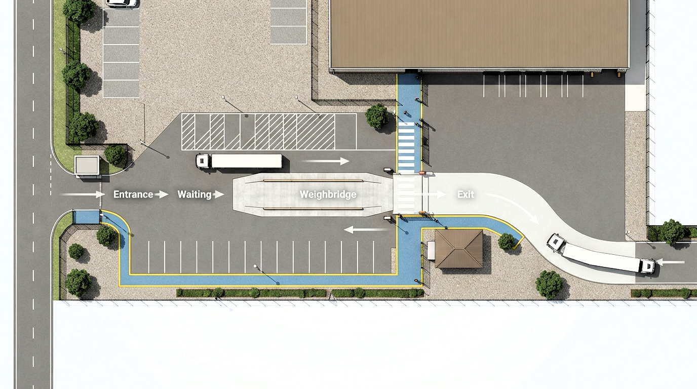 Conceptual truck scale site layout showing a queue, weighbridge lane, operator office and pedestrian route.