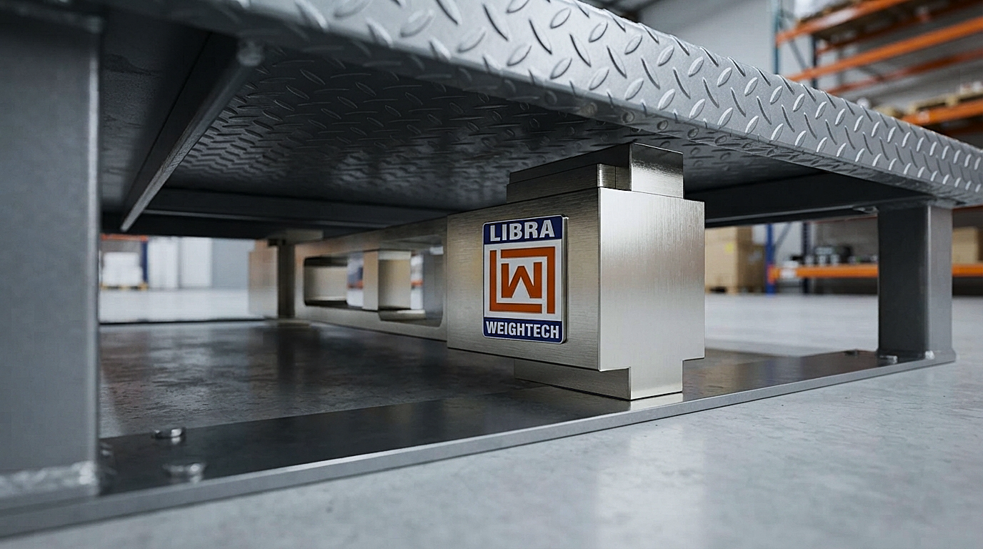 Industrial shear beam load cell installed under a platform floor scale in Pakistan featuring logo