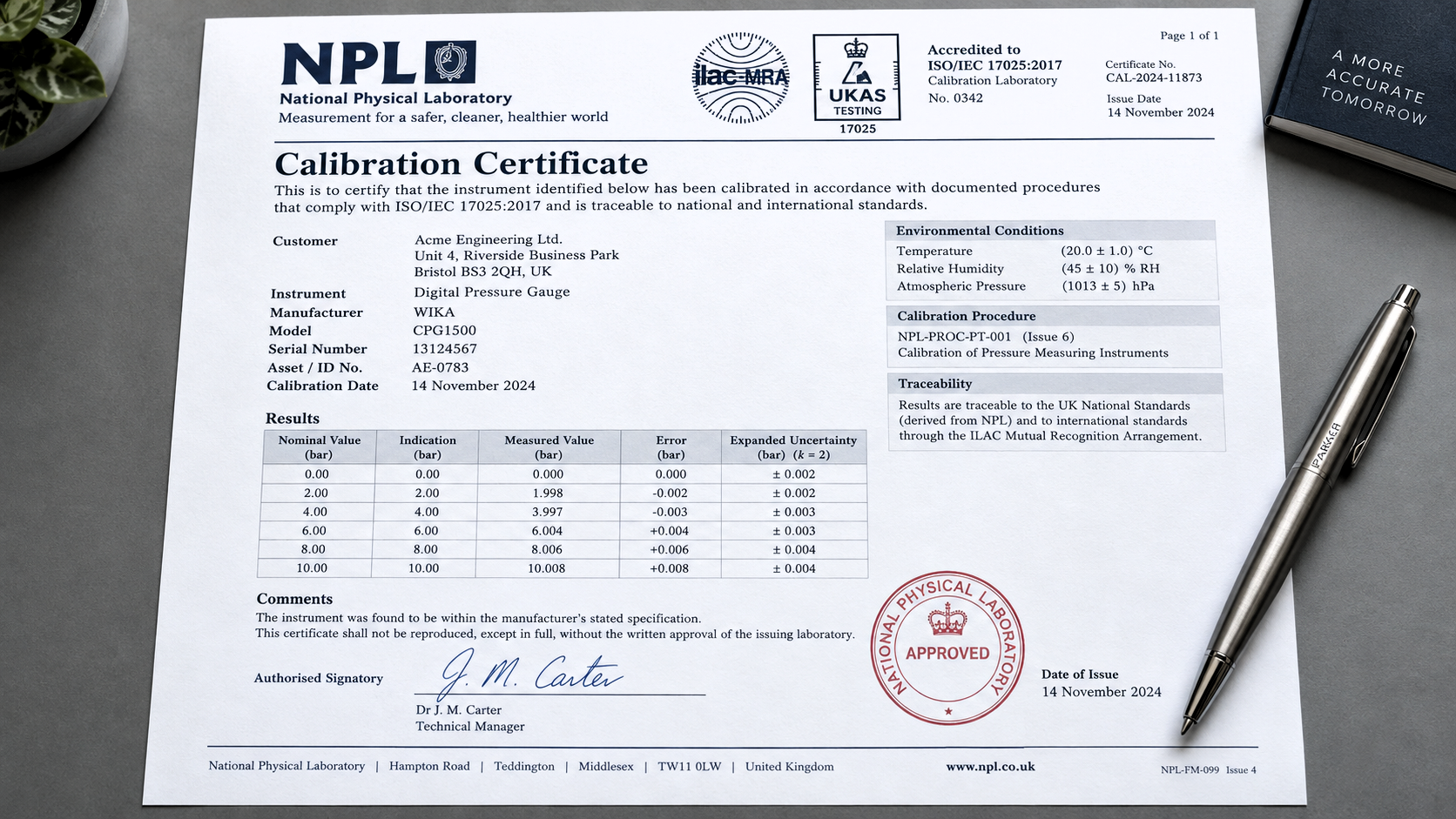 Official multi-page calibration report showing test tables, serial numbers, and accreditation seals.