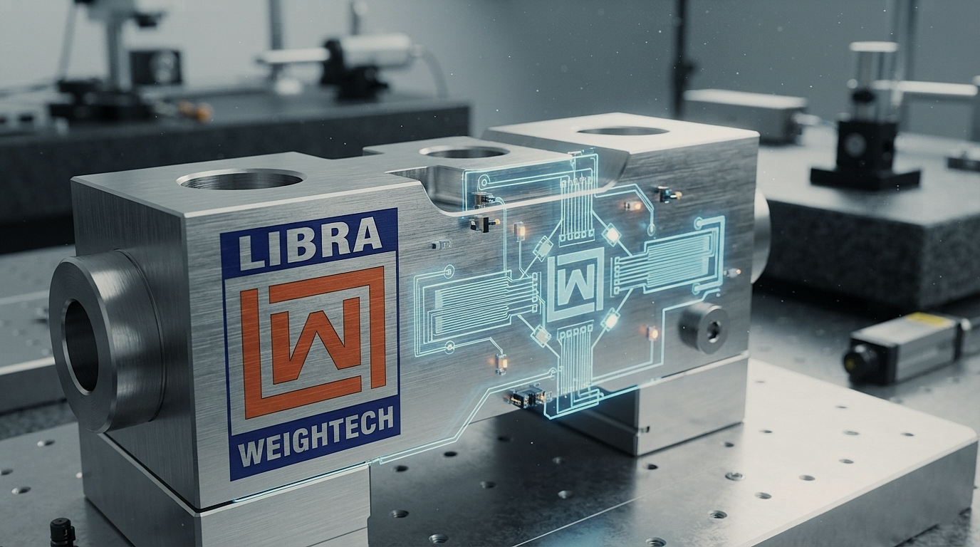 Internal working mechanism of an industrial load cell strain gauge converting weight to electrical signal with logo