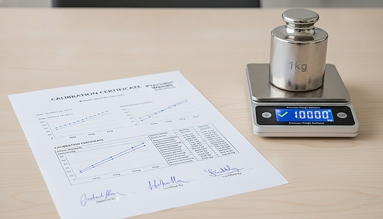 Audit-ready calibration certificate document on a clipboard next to a digital bench scale