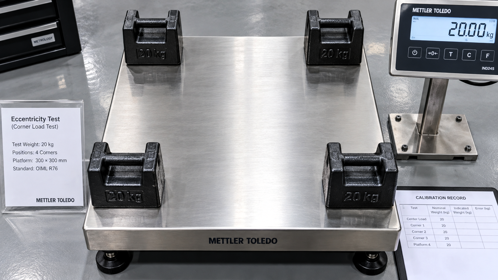 Corner-load eccentricity test on an industrial scale with four heavy reference weights.