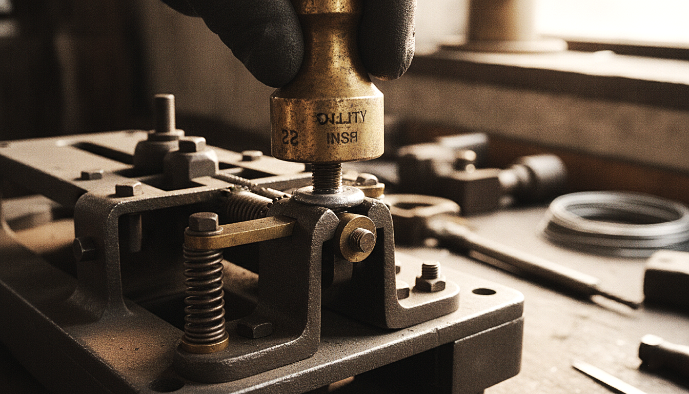 Close-up of an official lead seal and brass stamp on a certified weighing scale.
