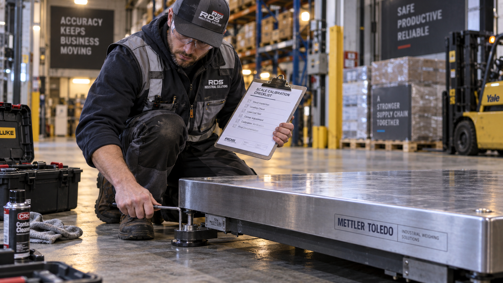 Technician adjusting an industrial floor scale while reviewing a verification checklist.
