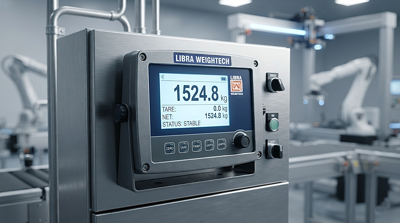 Digital Minebea Intec weighing indicator terminal display mounted on a factory control panel in Pakistan