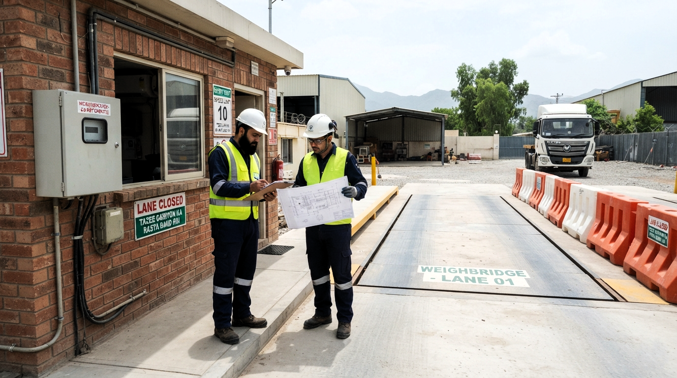 Technicians reviewing weighbridge handover documents beside an operator office while the weighing lane is closed.