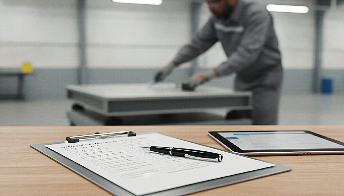 Industrial maintenance checklist clipboard in front of a blurred calibration workspace.