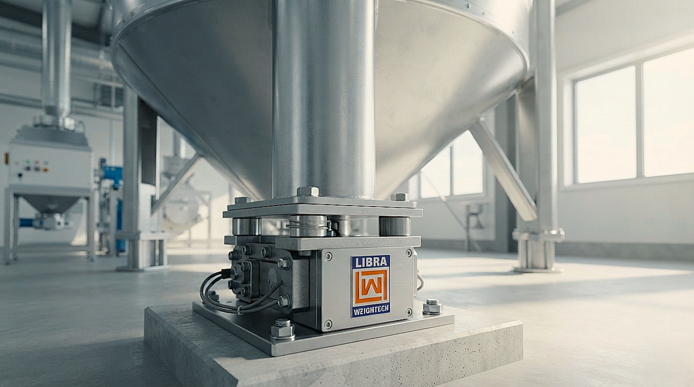 Industrial storage tank mounted on weigh modules with compression load cells featuring logo