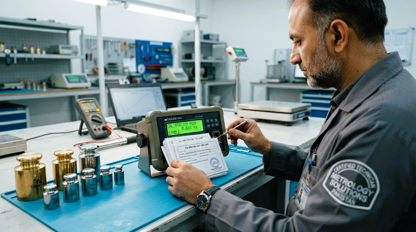 Technician testing and calibrating a weighing indicator Pakistan.