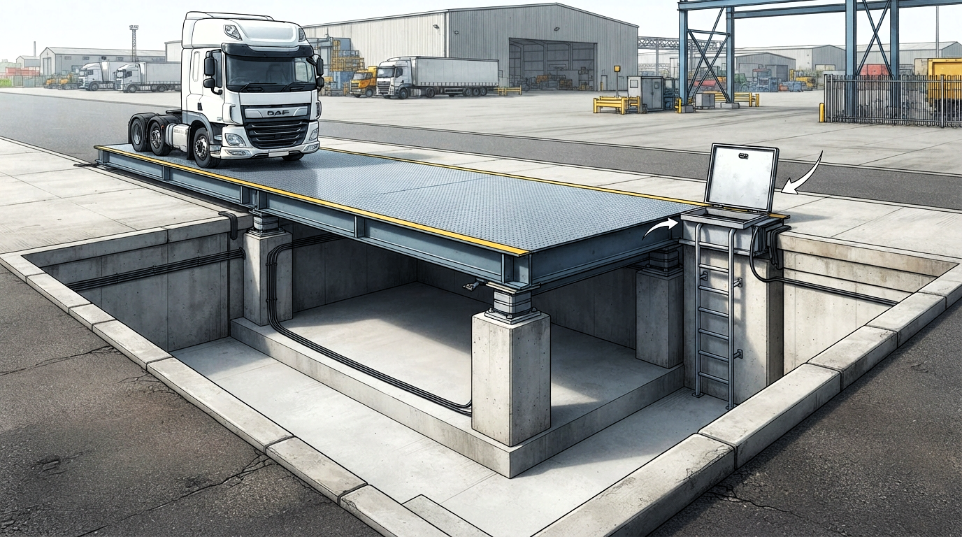 Conceptual cutaway showing a pit-mounted weighbridge deck aligned with the surrounding yard
