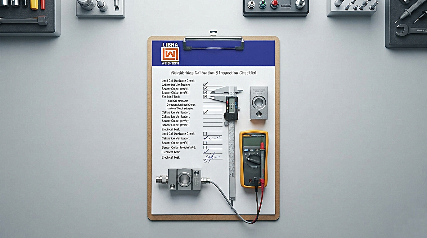 Technician reviewing a load cell quality checklist clipboard with logo.png badge