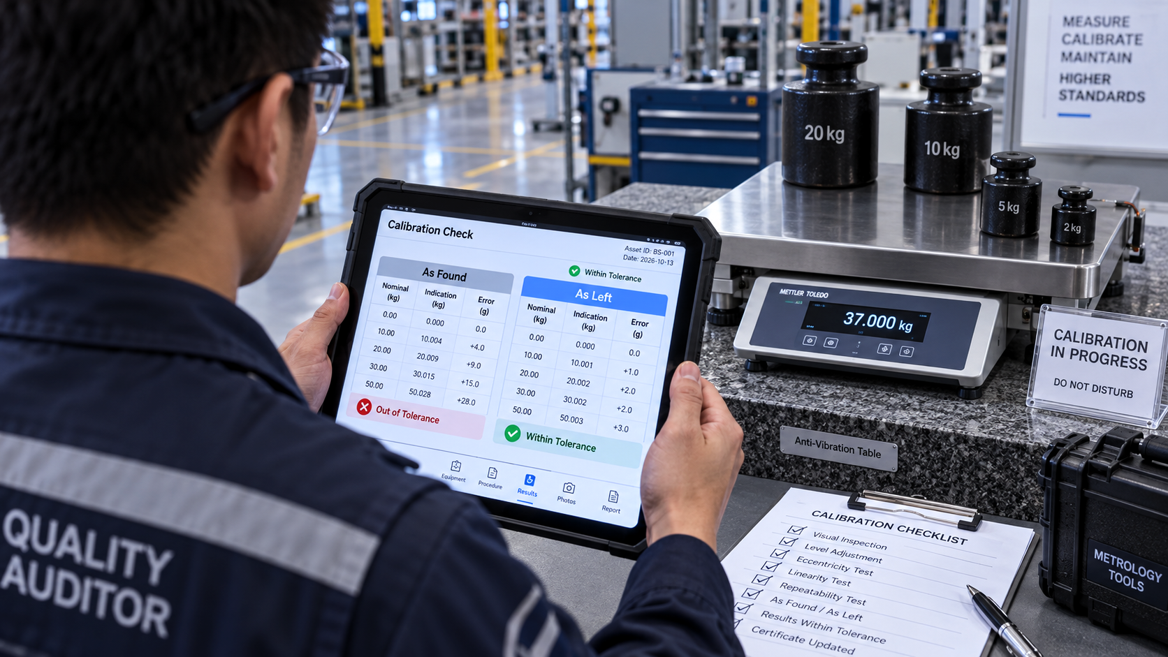 Metrology technician reviewing as-found and as-left scale calibration readings on a tablet.