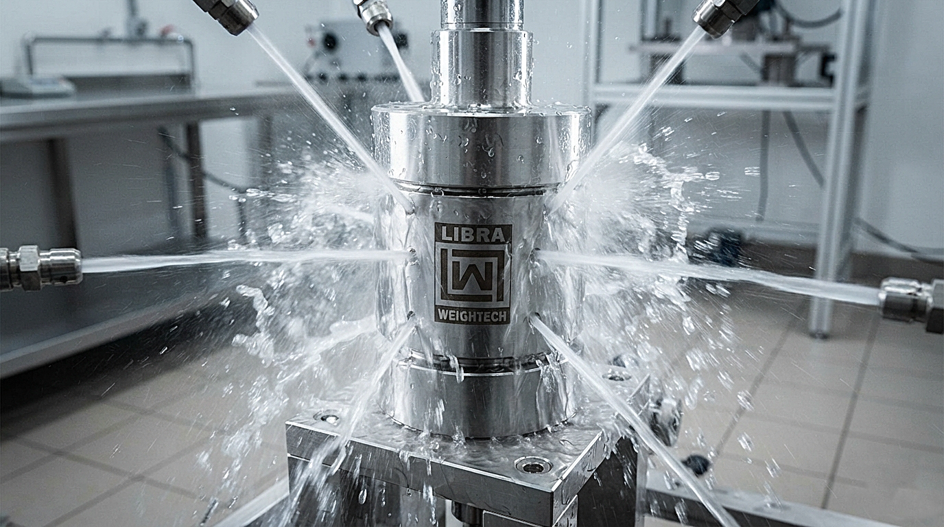 IP69K waterproof stainless steel load cell undergoing high-pressure washdown test with logo