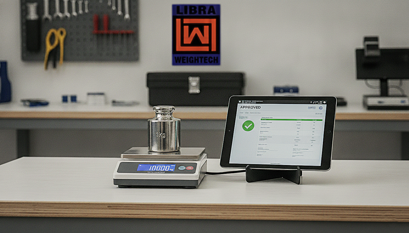 Professional weighing scale calibration setup showing certified weights and a digital indicator