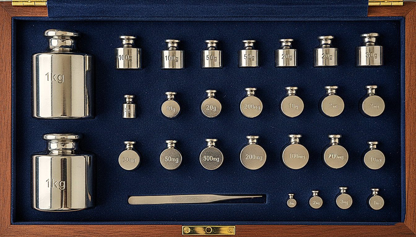 Set of polished OIML-certified stainless steel reference weights in a protective velvet-lined box