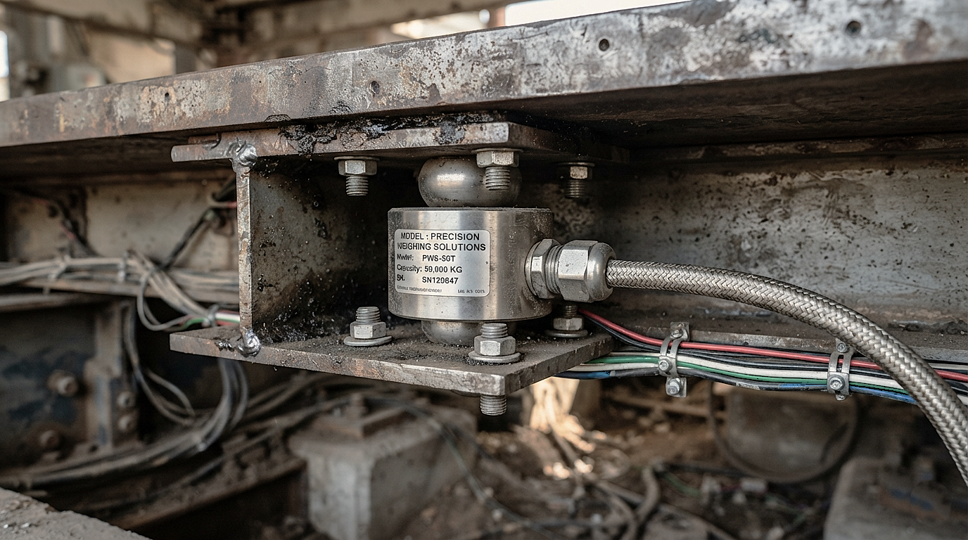 Heavy-duty compression type load cell installed underneath a truck weighbridge scale.