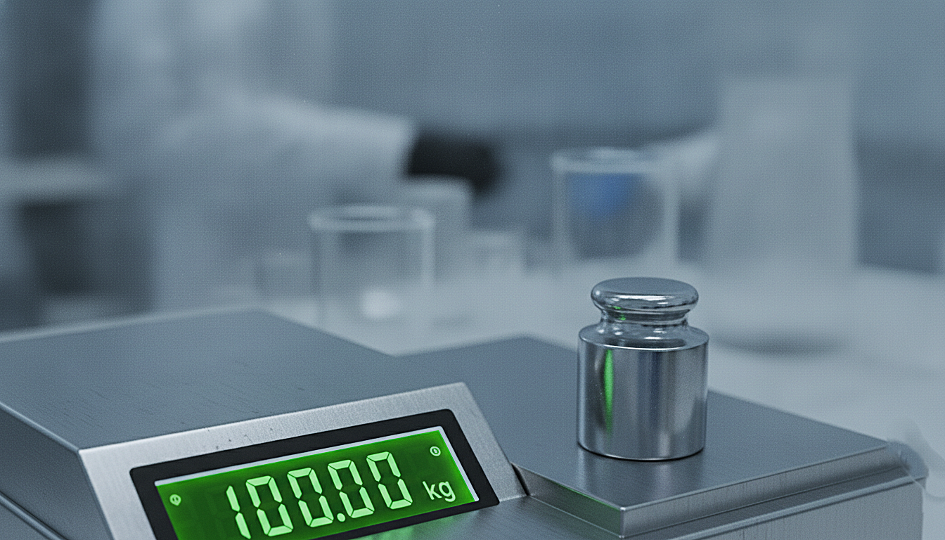 Close-up of a digital weighing scale indicator showing an accurate reading with a calibration weight