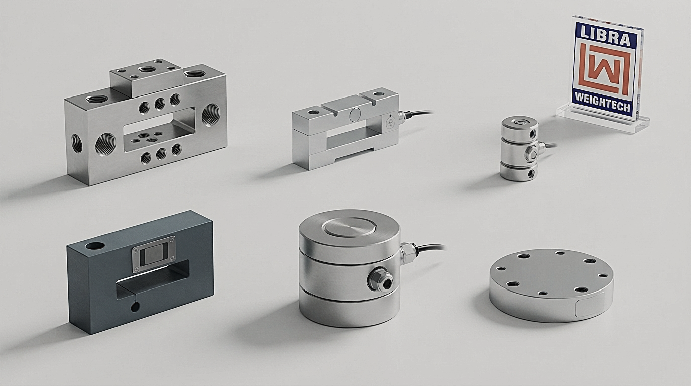 Overview diagram showcasing different types of industrial load cells with logo